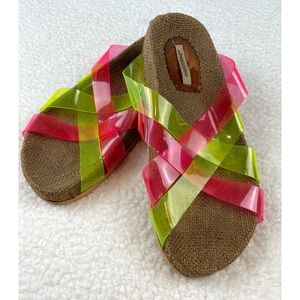 CHICCO RUIZ • Pink and Green Criss Cross Slip-On Sandals, 8.5